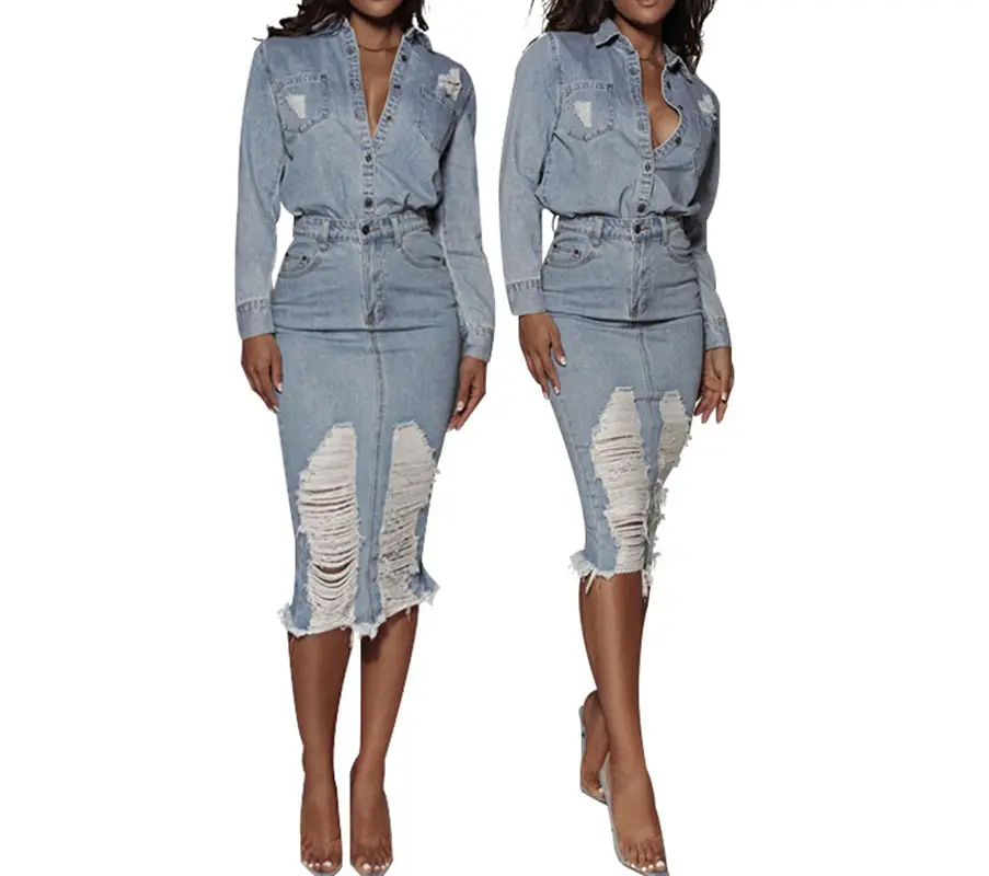 High Quality Denim Mini Skirts Bodycon Jean Dress 2022 Solid 2 Pieces Set Custom Logo Women Denim Pencil Skirt
