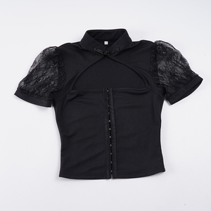 Haut corset noir en dentelle à manches bouffantes pour femme avec col montant et boutons, coupe ajustée sexy, chemise quotidienne, nouveau style 2026 - Product Image 6