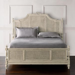 Muebles de Dormitorio Vintage Franceses, Camas King y Queen de Madera y <span class=keywords><strong>Mimbre</strong></span>, Cama de Plataforma Tallada Antigua con Cabecera Tejida - Product Image 2