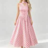 Robe midi d'été pour femme à col halter, imprimé pois rose et noir, sans manches, taille haute, coupe évasée avec cravate assortie