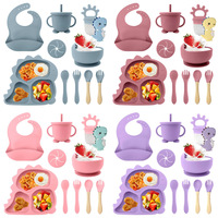 Ensemble de vaisselle pour tout-petits en silicone de qualité alimentaire, comprenant une assiette à ventouse, un bol, une cuillère, une tasse et un bavoir pour l'alimentation des bébés