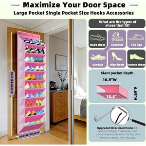 Organisateur de chaussures à suspendre sur la porte, 10 poches, rose, rangement suspendu pour placard avec crochets pour chaussures et accessoires - Product Image 2