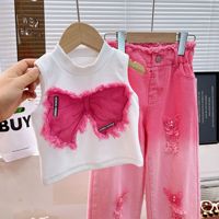 Conjunto de Ropa de Moda de Verano para Niñas 2025, 2 Piezas, Top Casual sin Mangas de Jean Rasgado y Pantalones Vaqueros Holgados para 3-12 Años