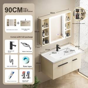 Conjunto de Mueble de Baño Moderno y Sencillo con <span class=keywords><strong>Lavabo</strong></span> de Cerámica Integrado de Color Crema, Espejo Inteligente y Gabinete de Pared - Product Image 6