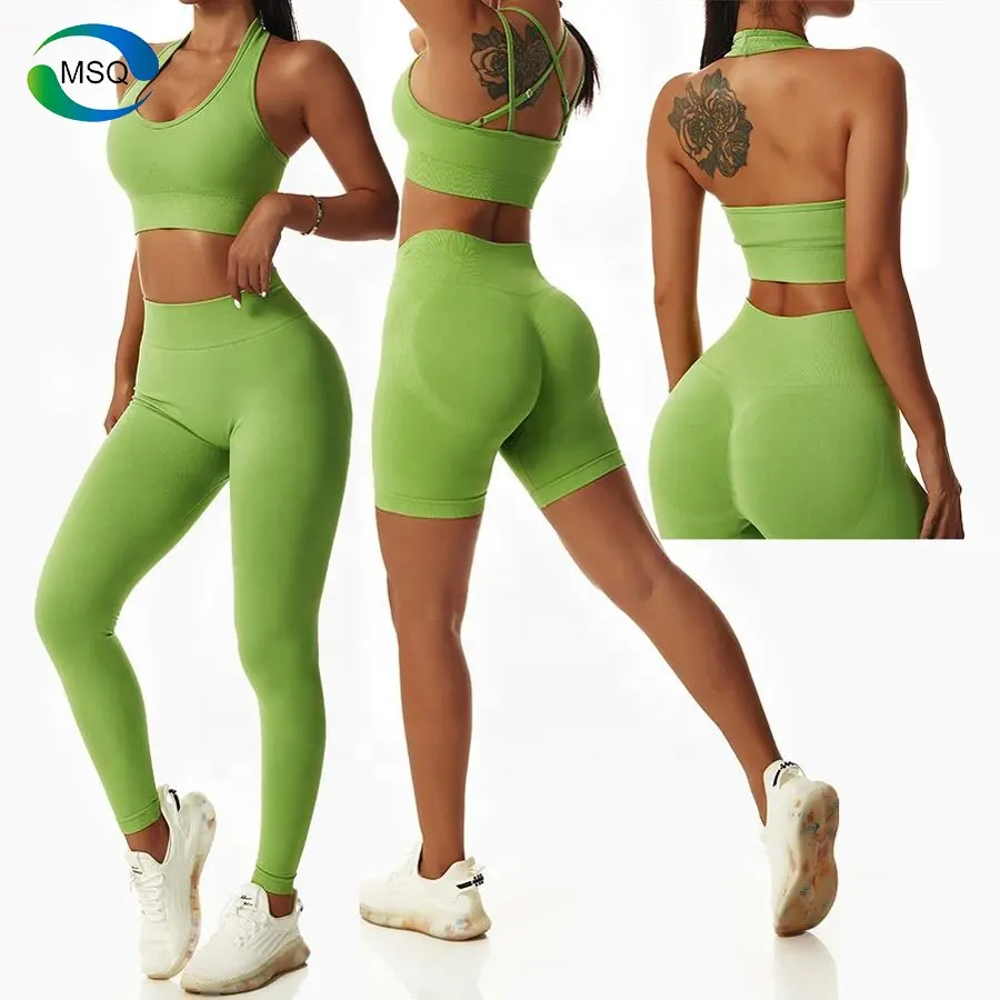 5 Pieces Seamless Sportswear Backless Strap Sport Bra Female Hip Lift Yoga Shorts Fitness Solid Color Yoga Leggings Yoga Set