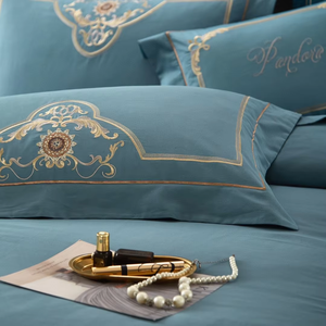 Juego de Ropa de Cama al <span class=keywords><strong>por</strong></span> <span class=keywords><strong>Mayor</strong></span>, 100S, 300 Hilos, Bordado Floral Dorado, Estilo Pastoral, Funda de Edredón 100% <span class=keywords><strong>Algodón</strong></span> <span class=keywords><strong>Pima</strong></span>, Verde, Personalizable - Product Image 2
