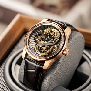 Reloj Automático OBLVLO con Diseño de Dragón Dorado 3D con Ruedas, Reloj Clásico de Cuero con Estampado de Cocodrilo Superluminoso para Hombre, JM-DRAGON - Product Image 1