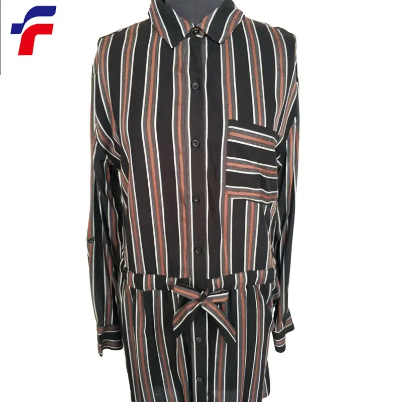 Customized Chocolate Stripe Yarn Dye Rayon Fabric long Sleeves Shirt womens dresses