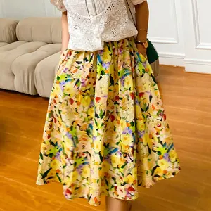 High Quality Summer Commuting Lady Skirt 100% Cotton OEM Floral Painting Print Vintage Women MIdi Skirt Office Lady A-line Skirt