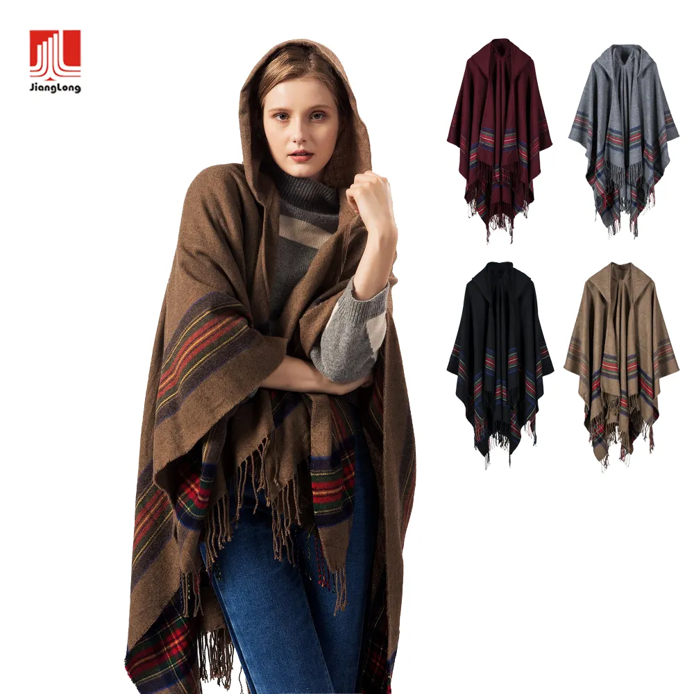 Nueva moda, venta al por mayor venta caliente invierno mujer tejido acrílico personalizado jacquard chal bufanda poncho con capucha