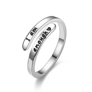 Hainon New Trendy Silver Color Rings Stainless Steel Adjustable Size Inspirational I Am Enough Design Couple Rings For Women
