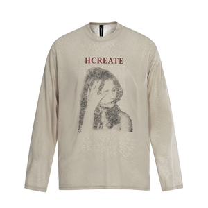เสื้อยืดผู้ชายลายกราฟิกสไตล์วินเทจ แขนยาว ทรงโอเวอร์ไซส์ ฮิปฮอป สตรีทแวร์ ลำลอง คอกลม รุ่น TKAN1023 ขายส่ง - Product Image 2