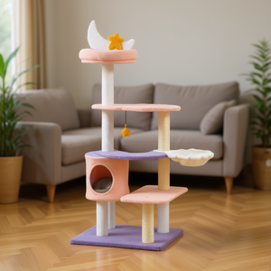 Árbol rascador multinivel para gatos con postes de sisal, 5 niveles, casa para gatos de color morado y rosa para gatos de interior - Product Image 2