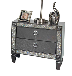 Table de chevet moderne style glamour, écologique, avec poignées en nickel, pieds coniques, garniture en acrylique, finition grise, meubles de chambre à coucher - Product Image 5