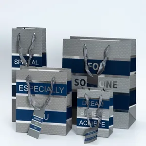 Custom Premium Blue-Grey Business Craft Party Geschenkverpakking Kraftpapier Grijze Boodschappentassen Met Logo 'S