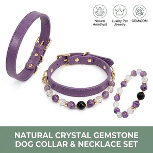 Collar de cristal de <span class=keywords><strong>amatista</strong></span> natural para perro, conjunto de collar y collarín de cuero morado ajustable con cuarzo obsidiana, joyería de lujo para mascotas, venta al por mayor OEM - Product Image 1