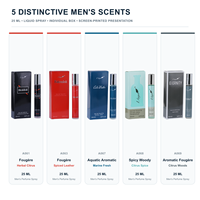 Vente en gros de parfums pour hommes en vaporisateur de 25 ml, 5 options de senteurs fougère, aquatiques, épicées et boisées, format voyage portable, collection de parfums en boîte