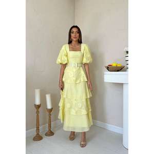 Vestido Amarillo con Mangas Abullonadas y Capas, Corte en A, Cintura Natural, Tejido Transpirable, Vestido Casual Diario - Product Image 4