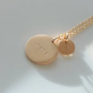 Mama Jewelry Custom Stainless Steel Matte Finish 18K Gold Plated Disc Charm Coin Necklace Mama Necklace