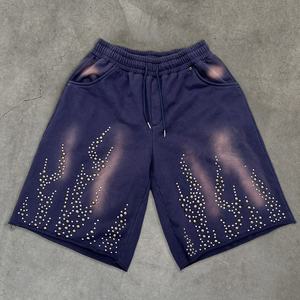 Shorts de luxe à bords bruts, poids lourd, été, French Terry, lavés, shorts de survêtement, streetwear, shorts en coton avec strass pour hommes - Product Image 1