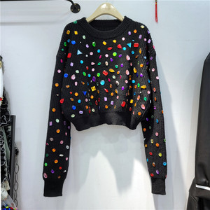 2022 autunno inverno nuovo Pullover maglieria sciolto a vita alta maglioni corti industria pesante colore diamante maglione lavorato a maglia per le donne - Product Image 3
