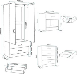 Set di Mobili per Camera da Letto in 3 Pezzi Bianco Lucido: Armadio a 2 Ante con 2 Cassetti, Cassettiera a 4 Cassetti e Comodino - Product Image 6