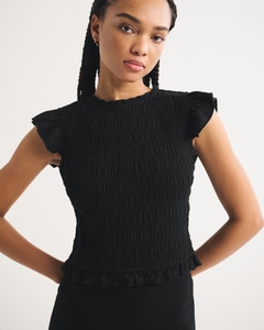 Haut sans manches noir smocké personnalisé Leduo pour femme, avec nœud au dos et col à volants ajouré, idéal pour le quotidien - Product Image 3