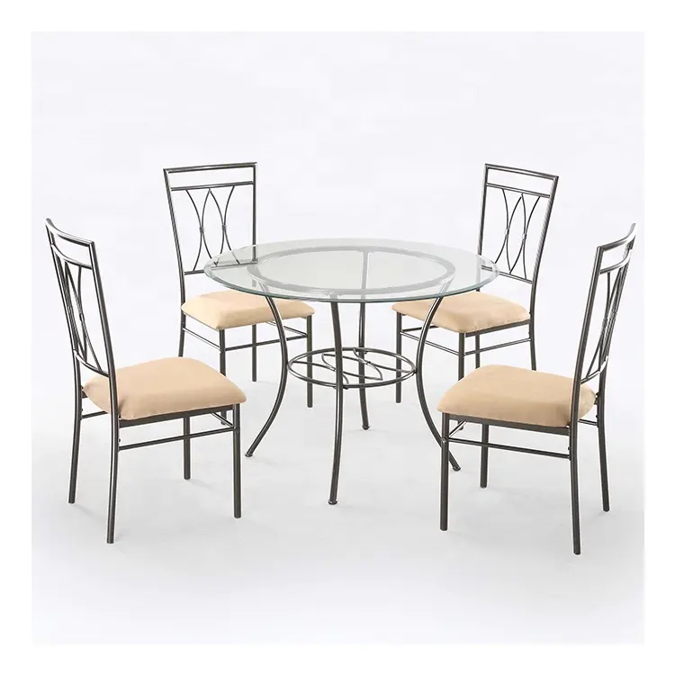 Conjunto de mesa sala de jantar redonda 5 peças, vidro, metal, mesa e 4 cadeiras para cozinha, sala de jantar DS-635