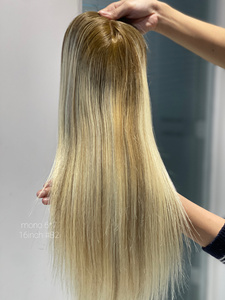 Cabello humano recto europeo Remy de 16 pulgadas con base de seda completa y flequillo para mujer en stock - Product Image 5