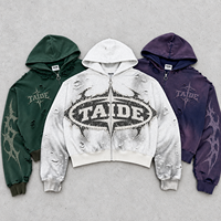 Sweat à capuche zippé TaiDe vintage délavé, coupe courte et ample, imprimé graphique déchiré, fabricant de vêtements sur mesure à marque privée