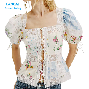 Chemises florales décontractées en coton avec logo personnalisé et motif en dentelle pour femmes - Product Image 1