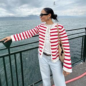 Custom Knitwear Manufacturer New Spring Fall Open Front <strong>Red</strong> and White Striped Sweaters <strong>Cardigan</strong> for <strong>Women</strong> - Product Image 2