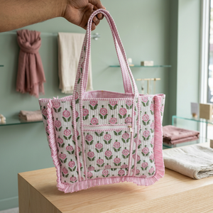 Sac fourre-tout pliable en coton matelassé indien fait main, style bohème, avec fermeture éclair, écologique, couleur unie, design spacieux - Product Image 2