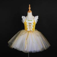 Costume de tutu en velours jaune à lacets floraux, manches courtes, jupe en tulle blanc, robe de danse classique pour enfants, robe de performance pour concours