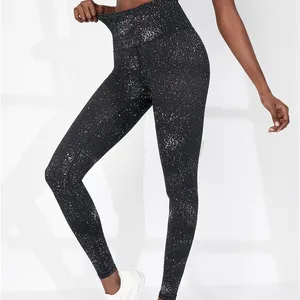 wholesale stock women high waist yoga reflective silver speckles printing pants fitness leggings with side pockets