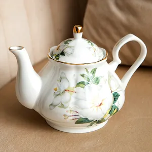 Chinese traditional floral porcelain tea pots luxury white and gold rim decorative new design ceramic tea pot for gift