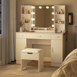Meja rias PHOENIX, meja rias kayu Modern dengan cermin dan laci berlampu untuk furnitur kamar tidur - Product Image 6