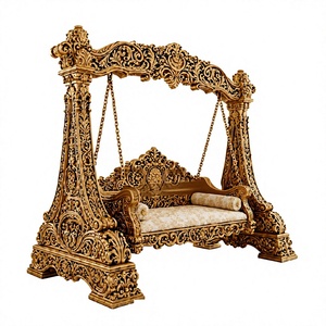 Columpio Exclusivo de Madera de Teca con Cadenas de Metal de Latón, Columpio de Madera de Teca Royal para Villa y Sala de Estar, Columpio de Madera Dorado Antiguo - Product Image 1