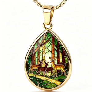 Colgante en Forma de Lágrima de Aleación de Zinc Chapado en Oro con Diseño de Ciervo y Bosque en Vidrio Emplomado, Joyería con Temática Animal - Product Image 2