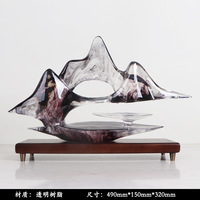 Sculpture d'art de montagne abstraite en résine faite à la main, style encre lavée, paysage contemporain, base en bois transparente, décoration zen pour la maison, cadeau