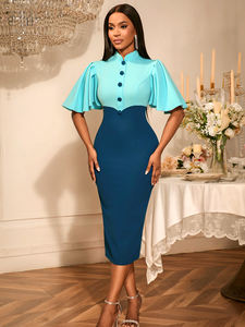 AM050532 Contrat Color bloqueado Stand Collar con volantes manga de talla grande elegante Bodycon mujeres cielo azul carrera Formal Midi vestido - Product Image 2