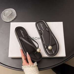 Sandalias Planas de Playa Estilo Coreano con Perlas, Punta Abierta, Antideslizantes, Suela de Goma, Entresuela de EVA, para Uso Diario - Product Image 1