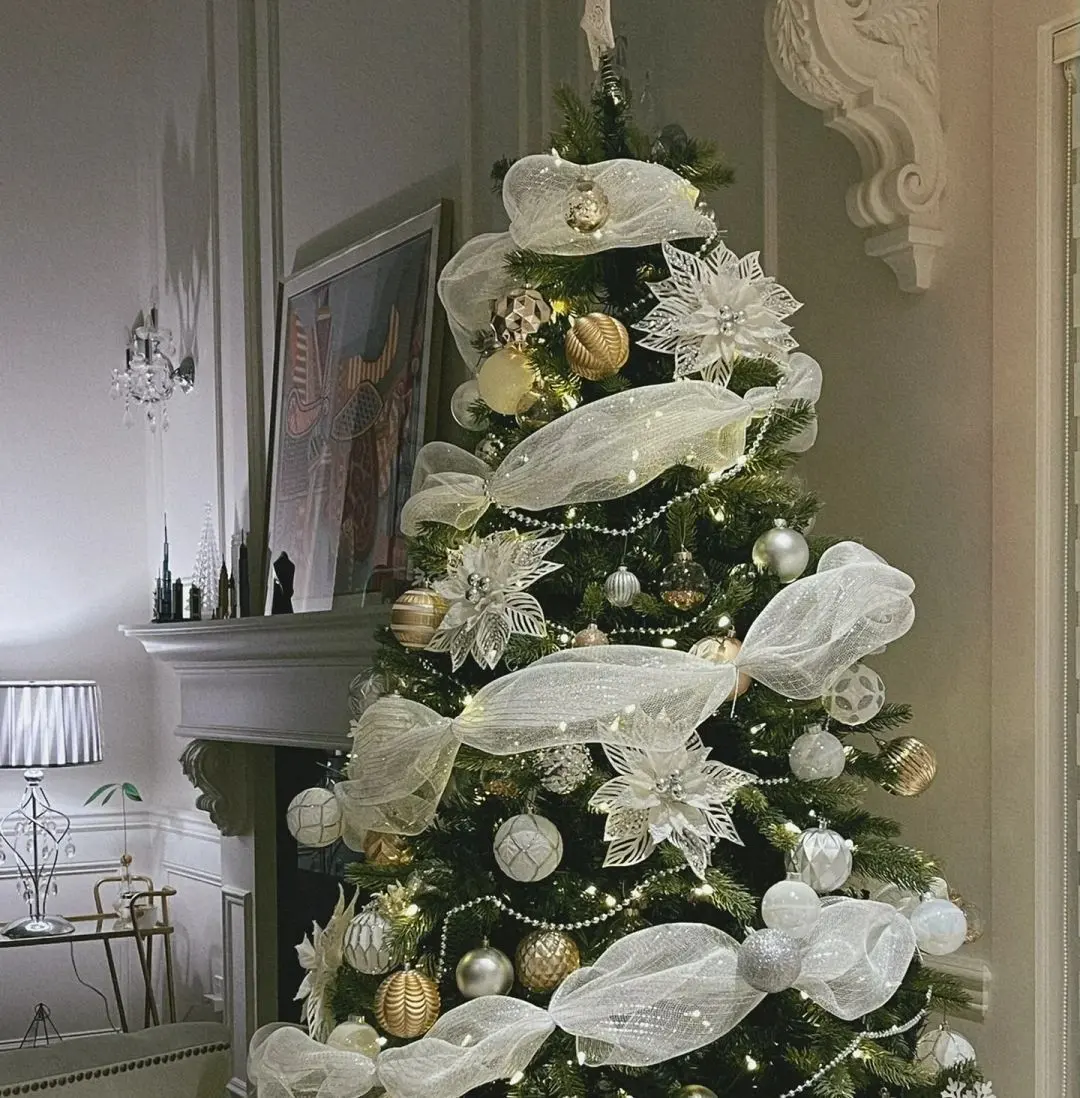 Internet célébrité arbre de Noël décoration ruban ruban maille Noël bricolage scène mise en page maille arc pendentif ruban de gaze