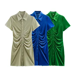 2024 Women's new fashion tri-color velvet shirt dress retro casual summer fashion new style women's dress