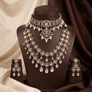 Luxury Uncut Brass Moissanite Vintage Gold Plated <b>Bridal</b> Set Designer Broad Choker Layered Long Necklace & <b>Drop</b> <b>Earrings</b> Wedding - Product Image 3