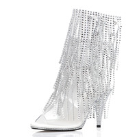 Nouvelles Bottines à Paillettes et Pompons pour l'été – Chaussures de Danse Confortables avec Talon Strass et Pompons Scintillants pour Spectacles en Boîte de Nuit et Défilés