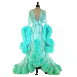 Luxo Fur Robe Vestido De Malha Ver Através Do Laço Vestido De Noite Sexy Pena Noiva Robe Flared Manga Cauda Vestido - Product Image 4