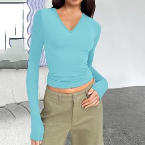 Sexy V cổ của phụ nữ Tops dài tay áo TEE Áo sơ mi cô gái tuổi teen t Áo sơ mi Tops phụ nữ thanh lịch đan T-Shirts - Product Image 3