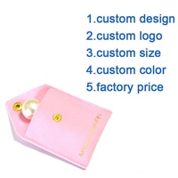 Pochette à bijoux personnalisée en velours rose avec rabat triangulaire, bouton doré et logo doré
