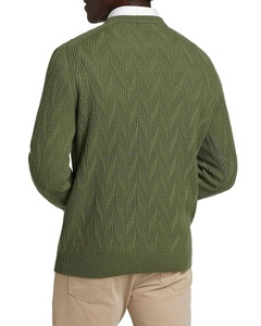 Maglione Jacquard a foglia testurizzata da uomo in cotone 100% a manica lunga girocollo con motivo tonale maglione verde oliva - Product Image 4